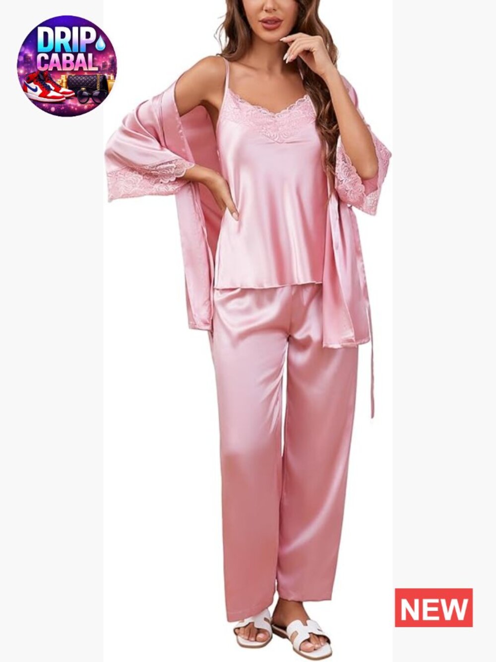 Women's Silk Satin Pajama Set 3 Piece with Robe Lace Cami Long Pants